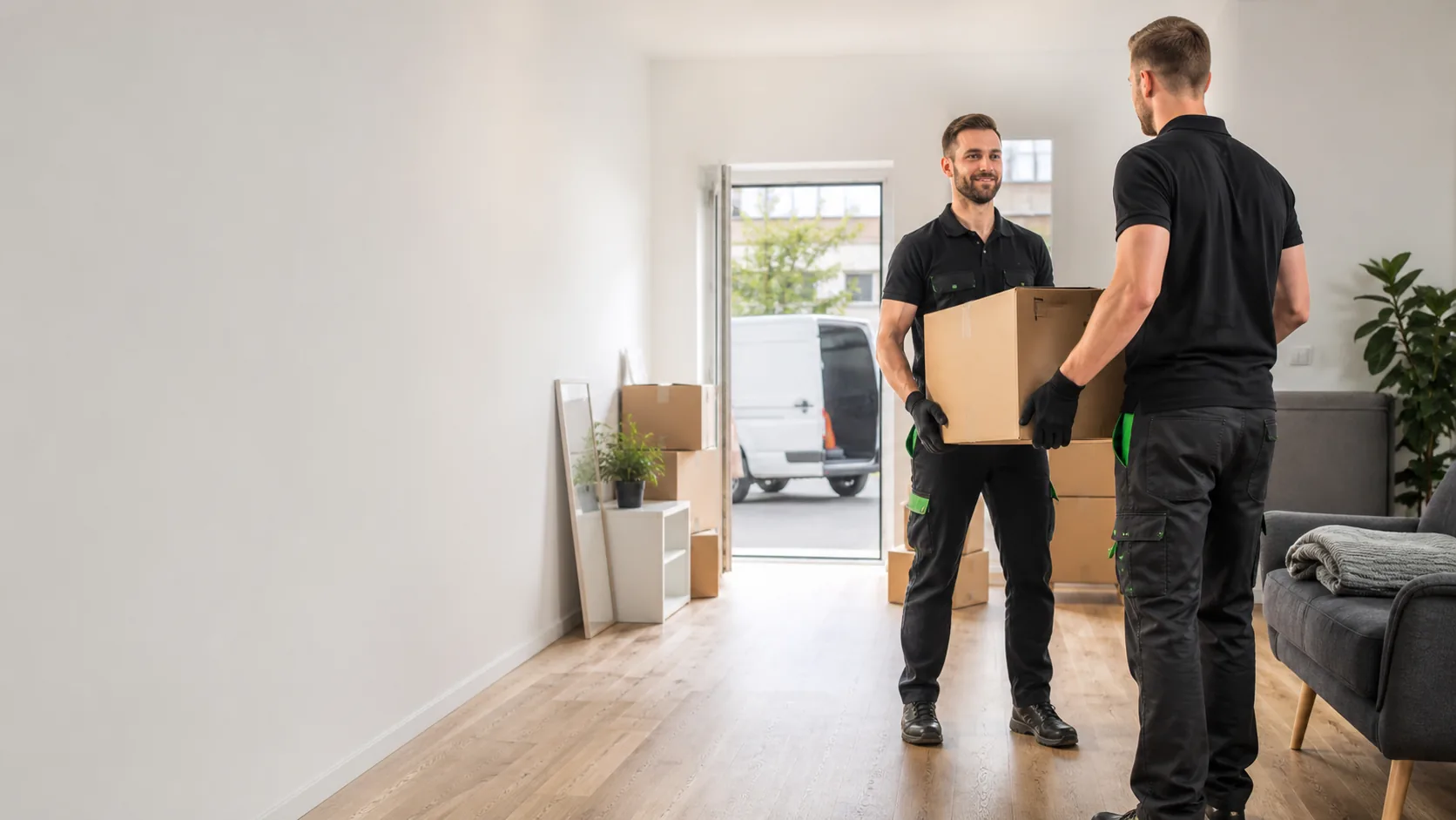Professionelles Team bei einer Entrümpelung in einer hellen Wohnung